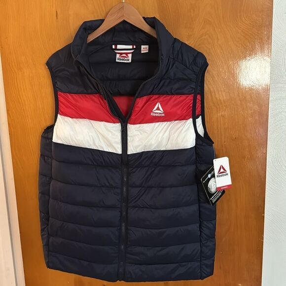 Reebok Puffer Vest Mens Medium Red White Blue Zip Pockets - Picture 1 of 4